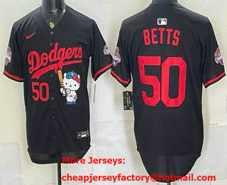Men's Los Angeles Dodgers #50 Mookie Betts Black Hello Kitty 2025 World Series Champions Limited Jersey