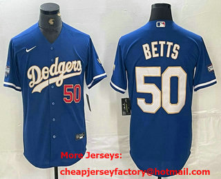 Men's Los Angeles Dodgers #50 Mookie Betts Blue Gold Champions Patch Stitched Cool Base Nike Jersey