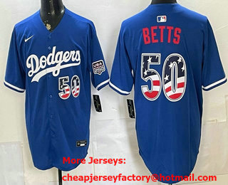 Men's Los Angeles Dodgers #50 Mookie Betts Blue USA 250 Patch Stadium Jersey