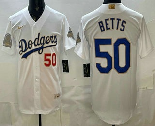 Men's Los Angeles Dodgers #50 Mookie Betts White Gold World Series Champions Collection Stadium Jersey