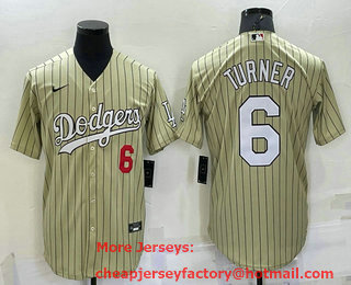 Men's Los Angeles Dodgers #6 Trea Turner Number Cream Pinstripe Stitched MLB Cool Base Nike Jersey