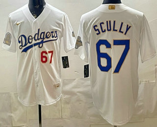 Men's Los Angeles Dodgers #67 Vin Scully White Gold 9x Champs Collection Stadium Jersey