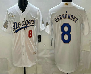 Men's Los Angeles Dodgers #8 Enrique Hernandez White Gold World Series Champions Collection Stadium Jersey