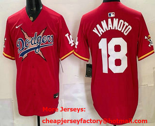 Men's Los Angeles Dodgers x One Piece #18 Yoshinobu Yamamoto Red Limited Stitched Jersey