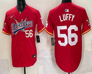 Men's Los Angeles Dodgers x One Piece #56 Luffy Red Limited Stitched Jersey