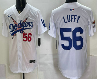 Men's Los Angeles Dodgers x One Piece #56 Luffy White Limited Stitched Jersey