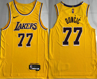 Men's Los Angeles Lakers #77 Luka Doncic Yellow Heat Press Jersey