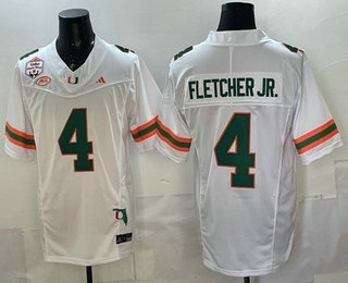 Men's Miami Hurricanes #4 Mark Fletcher Jr White FUSE Fiesta Bowl Champions Florida Patch College Football Jersey