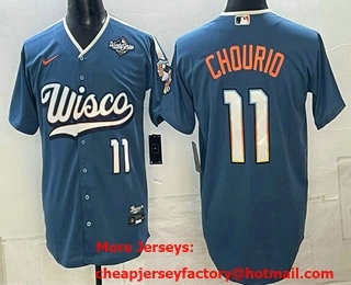 Men's Milwaukee Brewers #11 Jackson Chourio Mineral Blue 2026 World Series City Connect Stadium Stitched Jersey