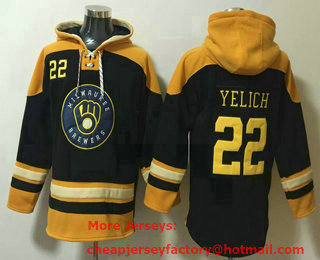 Men's Milwaukee Brewers #22 Christian Yelich Navy Blue Ageless Must Have Lace Up Pullover Hoodie