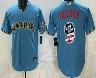 Men's Milwaukee Brewers #9 Bob Uecker Blue 2026 USA 250 Fourth of July Home Stadium Stitched Jersey