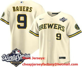 Men's Milwaukee Brewers #9 Jake Bauers Cream 2026 World Series Stitched Jersey