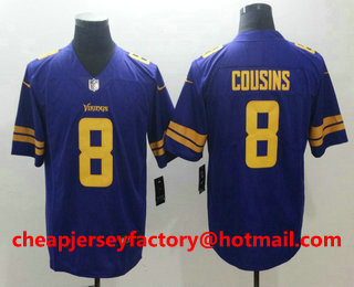 Men's Minnesota Vikings #8 Kirk Cousins Purple 2018 Color Rush Stitched NFL Nike Limited Jersey