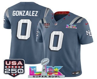Men's New England Patriots #0 Christian Gonzalez Blue FUSE Super Bowl LX USA 250 Patch Rivalries Vapor Limited Jersey