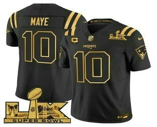 Men's New England Patriots #10 Drake Maye Black Gold Super Bowl LX FUSE Limited Jersey