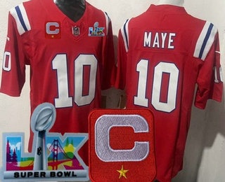 Men's New England Patriots #10 Drake Maye Limited Red Captain Patch Super Bowl LX FUSE Vapor Jersey