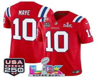 Men's New England Patriots #10 Drake Maye Red FUSE C Patch Super Bowl LX USA 250 Patch Vapor Limited Jersey