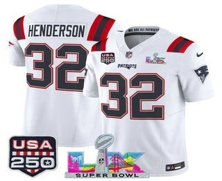 Men's New England Patriots #32 TreVeyon Henderson White FUSE Super Bowl LX USA 250 Patch Vapor Limited Jersey