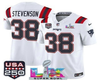 Men's New England Patriots #38 Rhamondre Stevenson White FUSE Super Bowl LX USA 250 Patch Vapor Limited Jersey