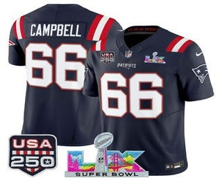 Men's New England Patriots #66 Will Campbell Navy FUSE Super Bowl LX USA 250 Patch Vapor Limited Jersey