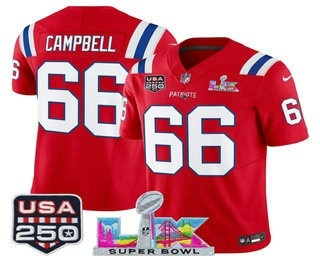 Men's New England Patriots #66 Will Campbell Red FUSE Super Bowl LX USA 250 Patch Vapor Limited Jersey