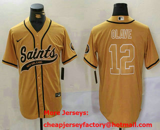 Men's New Orleans Saints #12 Chris Olave Gold Cool Base Stitched Baseball Jersey