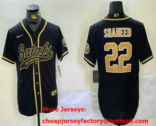 Men's New Orleans Saints #22 Rashid Shaheed Black Gold With Patch Cool Base Stitched Baseball Jersey