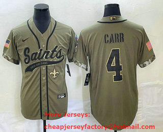 Men's New Orleans Saints #4 Derek Carr Olive 2022 Salute To Service Cool Base Stitched Baseball Jersey