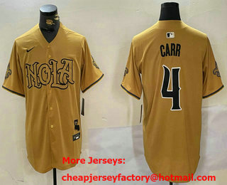 Men's New Orleans Saints #4 Derek Carr Yellow Nola Baseball Jersey