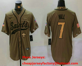 Men's New Orleans Saints #7 Taysom Hill Olive 2022 Salute To Service Cool Base Stitched Baseball Jersey