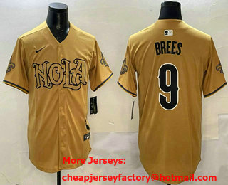 Men's New Orleans Saints #9 Drew Brees Yellow Nola Baseball Jersey