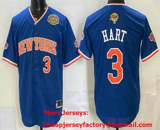 Men's New Yok Knicks #3 Josh Hart Blue 2026 Finals Champions Patch Stitched Baseball Jersey