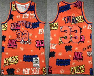 Men's New York Knicks #33 Patrick Ewing Orange Doodle Fashion Swingman Throwback Jersey