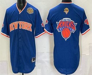 Men's New York Knicks Team Big Logo Royal 2026 Finals Champions Patch Stitched Baseball Jersey