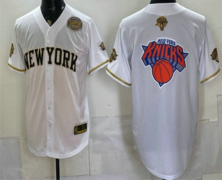 Men's New York Knicks Team Big Logo White Gold 2026 Finals Champions Patch Stitched Baseball Jersey