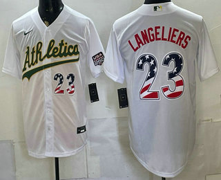 Men's Oakland Athletics #23 Shea Langeliers White 250 Fourth of July Home Stadium Stitched Jersey