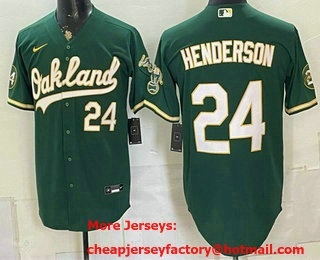 Men's Oakland Athletics #24 Rickey Henderson Green With Patch Stitched Jersey