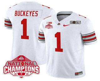 Men's Ohio State Buckeyes #1 Buckeyes White 2025 CFP Final With National Champions Patch FUSE Vapor Limited Stitched Jersey