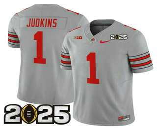 Men's Ohio State Buckeyes #1 Quinshon Judkins Grey 2025 CFP Final Patch FUSE Vapor Limited Stitched Jersey