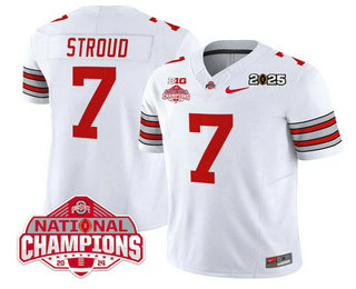 Men's Ohio State Buckeyes #7 CJ Stroud White 2025 CFP Final With National Champions Patch FUSE Vapor Limited Stitched Jersey