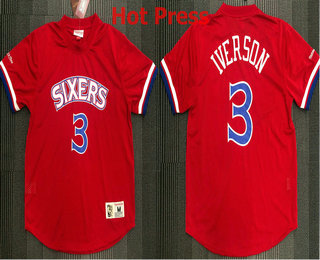 Men's Philadelphia 76ers #3 Allen Iverson Red Short Sleeved Hot Press Swingman Throwback Jersey