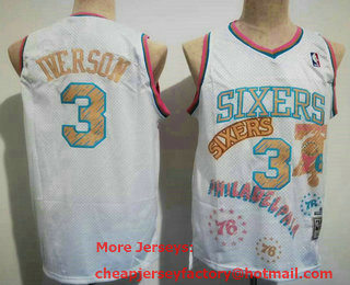 Men's Philadelphia 76ers #3 Allen Iverson White Swingman Stitched Throwback Jersey 01