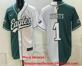 Men's Philadelphia Eagles #1 Jalen Hurts Green White Split Stitched Jersey