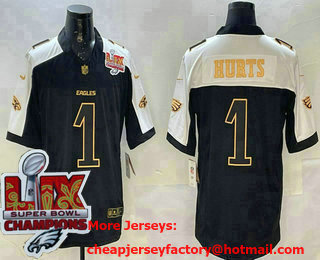 Men's Philadelphia Eagles #1 Jalen Hurts Limited Black Gold Super Bowl LIX Champions FUSE Vapor Jersey