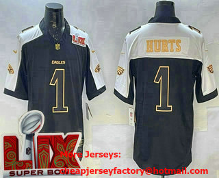 Men's Philadelphia Eagles #1 Jalen Hurts Limited Black Gold Super Bowl LIX FUSE Vapor Jersey