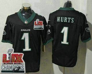 Men's Philadelphia Eagles #1 Jalen Hurts Limited Black Super Bowl LIX Champions FUSE Vapor Jersey