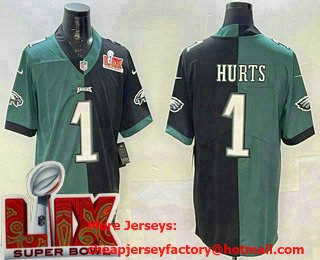Men's Philadelphia Eagles #1 Jalen Hurts Limited Green Black Split Super Bowl LIX Vapor Jersey