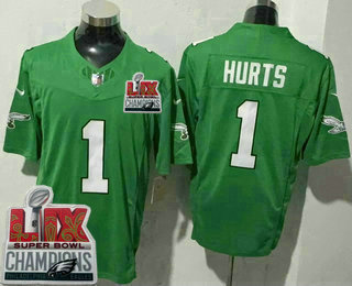 Men's Philadelphia Eagles #1 Jalen Hurts Limited Kelly Green Super Bowl LIX Champions FUSE Vapor Jersey