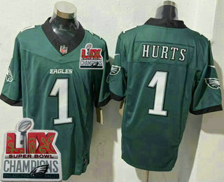 Men's Philadelphia Eagles #1 Jalen Hurts Limited Midnight Green Super Bowl LIX Champions FUSE Vapor Jersey