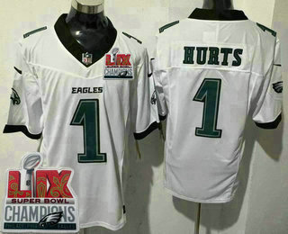 Men's Philadelphia Eagles #1 Jalen Hurts Limited White Super Bowl LIX Champions FUSE Vapor Jersey